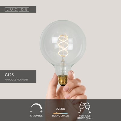 Lucide G125 - Ampoule filament - Ø 12,5 cm - LED Dim. - E27 - 1x4,9W 2700K - Transparent